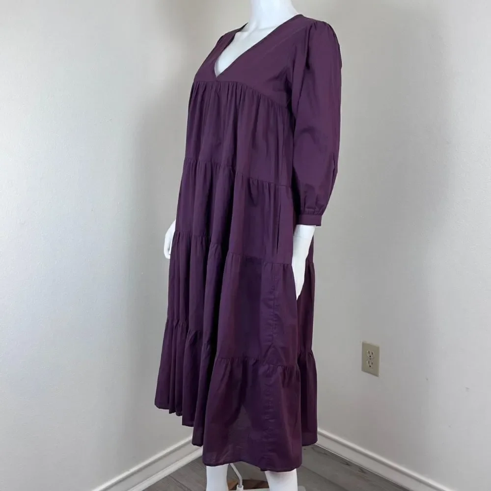 Mille Gemma Women Size XXS Purple Peasant Cotton Pullover Tiered Midi NEW Dress